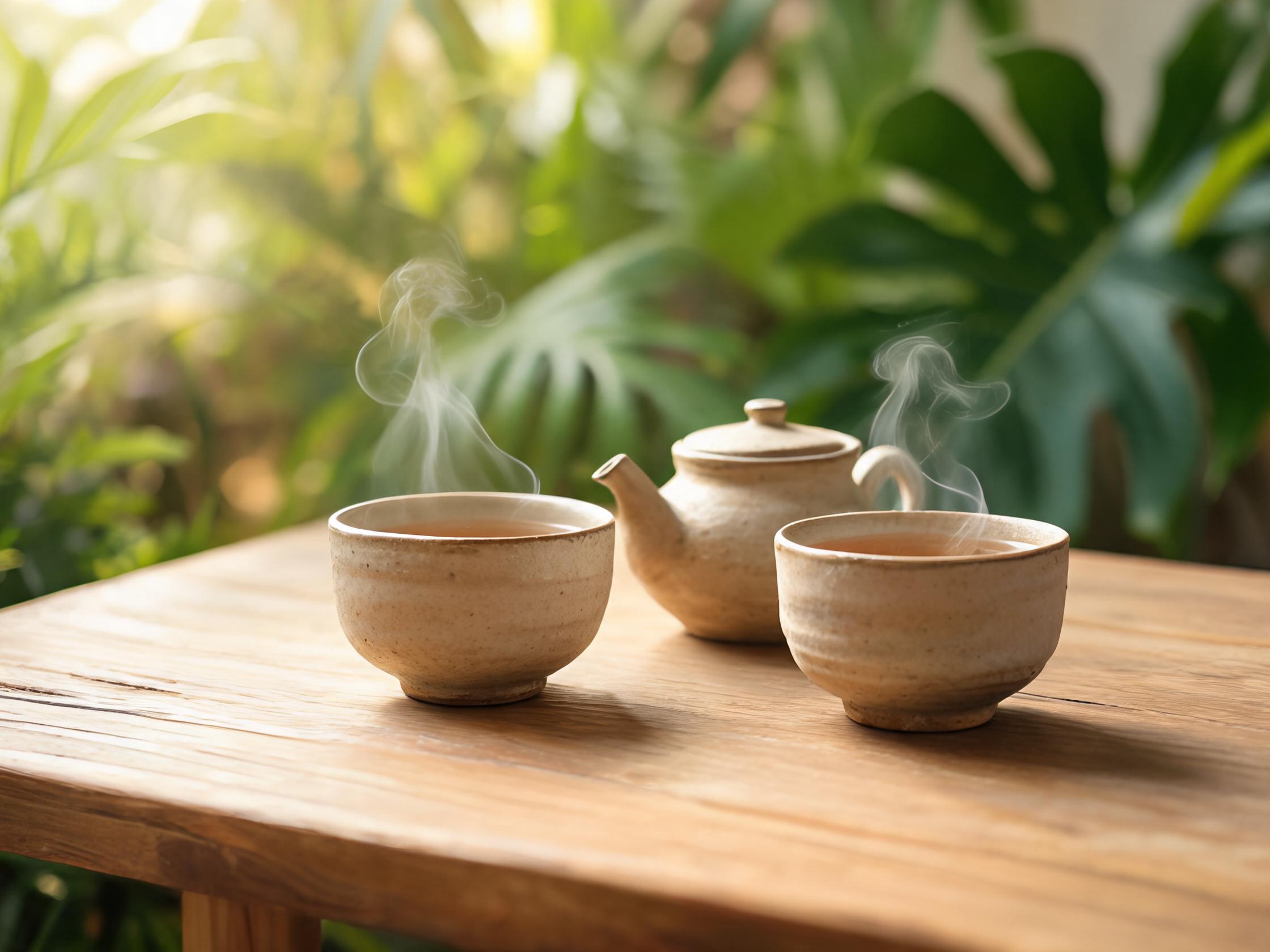 杭州抓龙筋馆绿植休息角圆几上的热茶杯