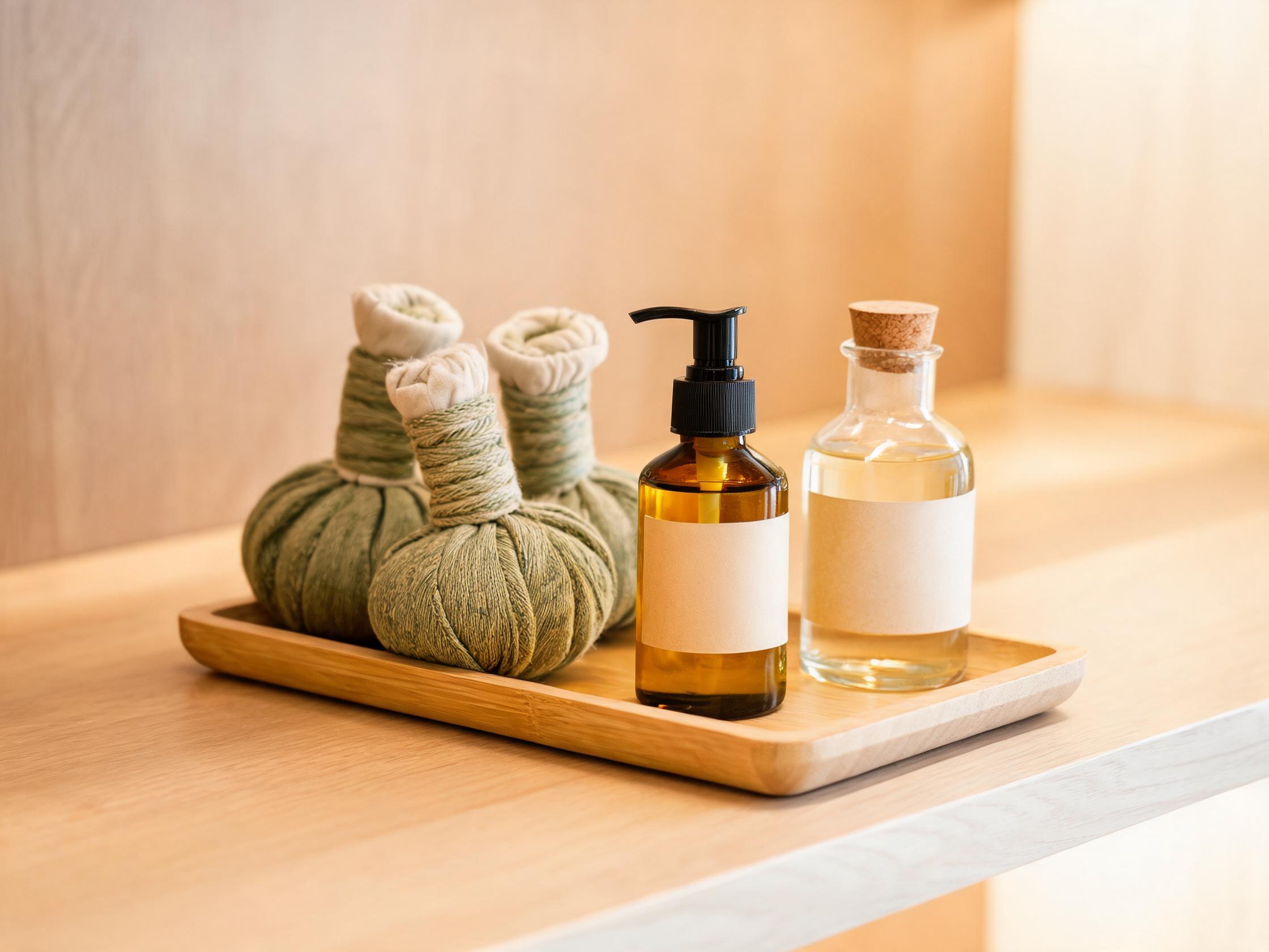 杭州抓龙筋理疗室草药球与精油瓶托盘特写